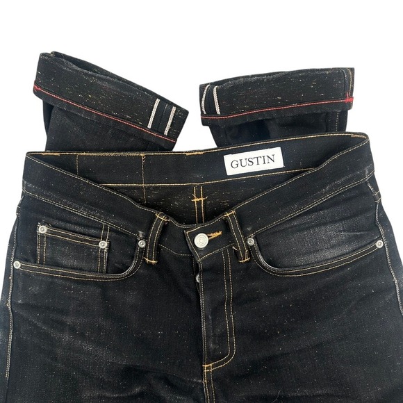Gustin Jeans Mens 30 Black Red Selvedge Slim Raw Denim Speckled Nep - Picture 1 of 13
